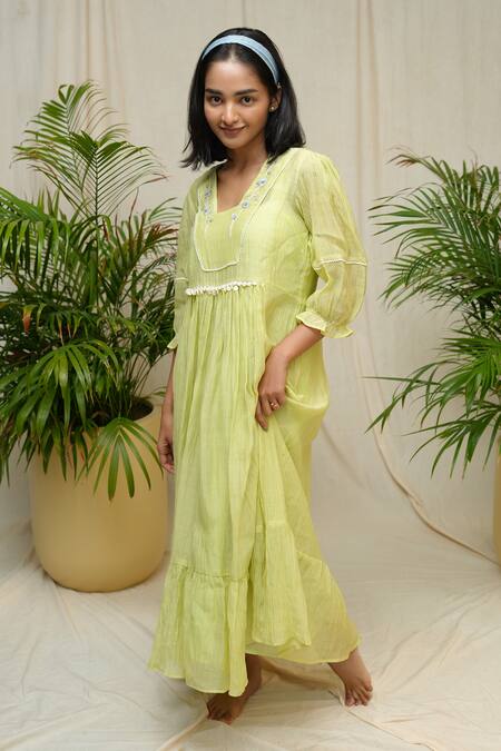 KKANYAAH_Yellow Handloom Cotton, Silk Embroidery V-neck Village Maiden Dress _Online_at_Aza_Fashions