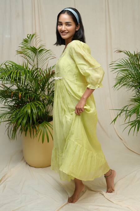 Buy_KKANYAAH_Yellow Handloom Cotton, Silk Embroidery V-neck Village Maiden Dress _Online_at_Aza_Fashions