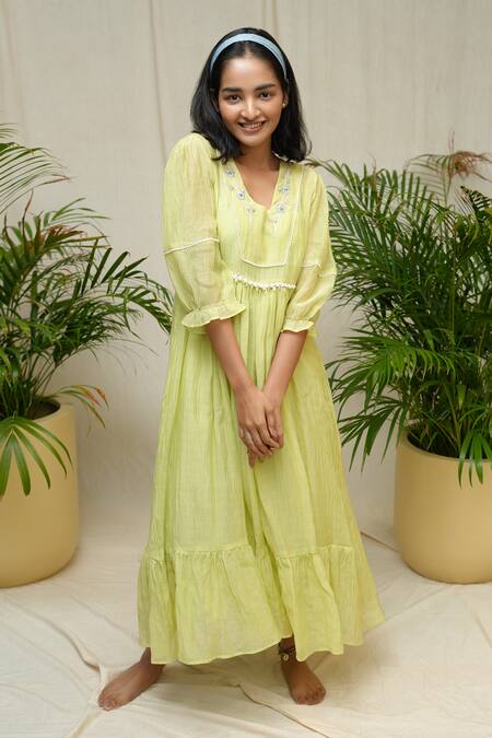 Shop_KKANYAAH_Yellow Handloom Cotton, Silk Embroidery V-neck Village Maiden Dress _Online_at_Aza_Fashions