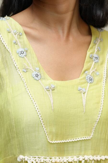 KKANYAAH_Yellow Handloom Cotton, Silk Embroidery V-neck Village Maiden Dress _at_Aza_Fashions