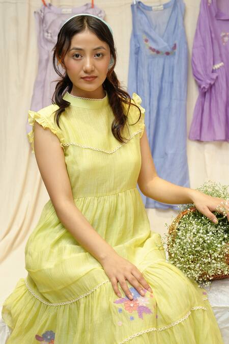 KKANYAAH_Yellow Silk, Cotton Embroidery Bandeau Neck Willow Wanderer Dress _Online_at_Aza_Fashions