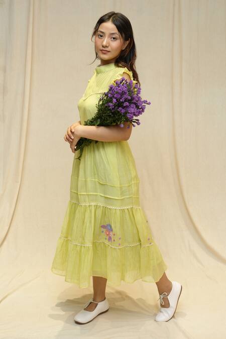 Shop_KKANYAAH_Yellow Silk, Cotton Embroidery Bandeau Neck Willow Wanderer Dress _Online_at_Aza_Fashions