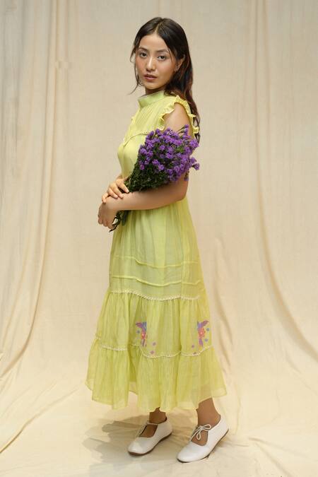 KKANYAAH_Yellow Silk, Cotton Embroidery Bandeau Neck Willow Wanderer Dress _at_Aza_Fashions