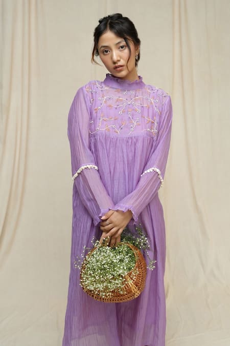 KKANYAAH_Purple Silk, Cotton Embroidery Bandeau Neck Brookside Breezy Midi Dress _Online_at_Aza_Fashions