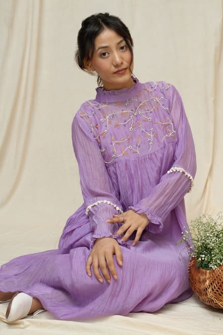Buy_KKANYAAH_Purple Silk, Cotton Embroidery Bandeau Neck Brookside Breezy Midi Dress _Online_at_Aza_Fashions
