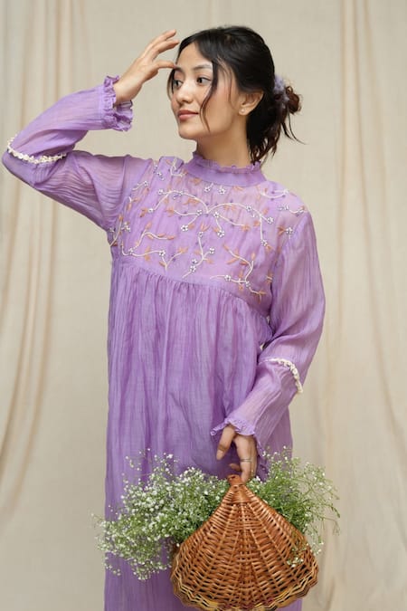 Shop_KKANYAAH_Purple Silk, Cotton Embroidery Bandeau Neck Brookside Breezy Midi Dress _Online_at_Aza_Fashions