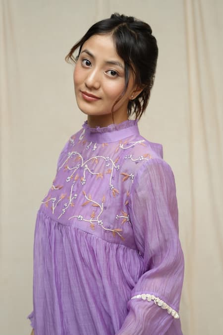 KKANYAAH_Purple Silk, Cotton Embroidery Bandeau Neck Brookside Breezy Midi Dress _at_Aza_Fashions