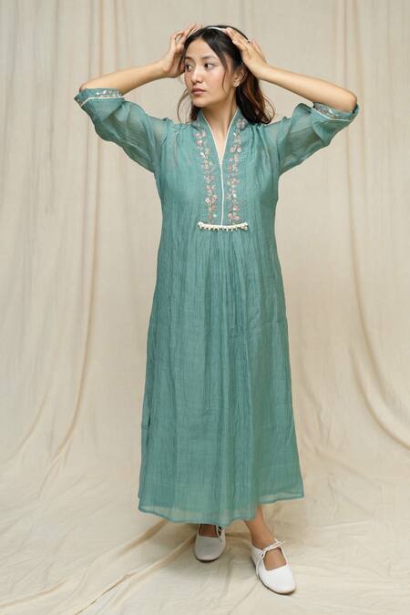 KKANYAAH_Green , Silk, Handloom Embroidery V-neck Forest Fern Midi Dress _Online_at_Aza_Fashions