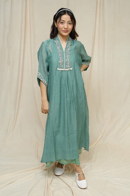 Shop_KKANYAAH_Green , Silk, Handloom Embroidery V-neck Forest Fern Midi Dress _Online_at_Aza_Fashions