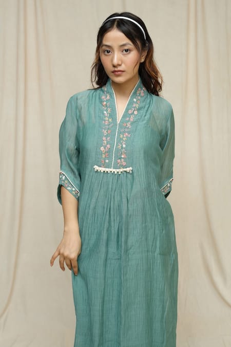 KKANYAAH_Green , Silk, Handloom Embroidery V-neck Forest Fern Midi Dress _at_Aza_Fashions