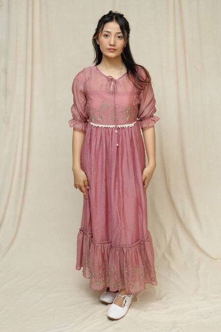 KKANYAAH_Pink Silk, , Handloom Embroidery Round Neck Thistle Thicked Dress _Online_at_Aza_Fashions