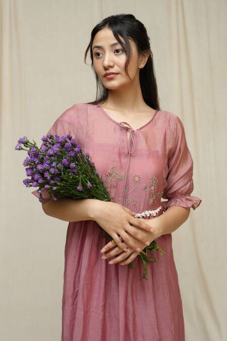 Buy_KKANYAAH_Pink Silk, , Handloom Embroidery Round Neck Thistle Thicked Dress _Online_at_Aza_Fashions