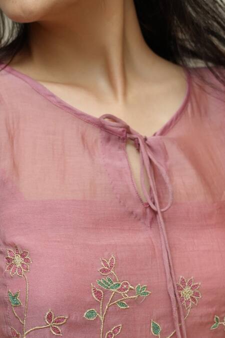 Shop_KKANYAAH_Pink Silk, , Handloom Embroidery Round Neck Thistle Thicked Dress _Online_at_Aza_Fashions