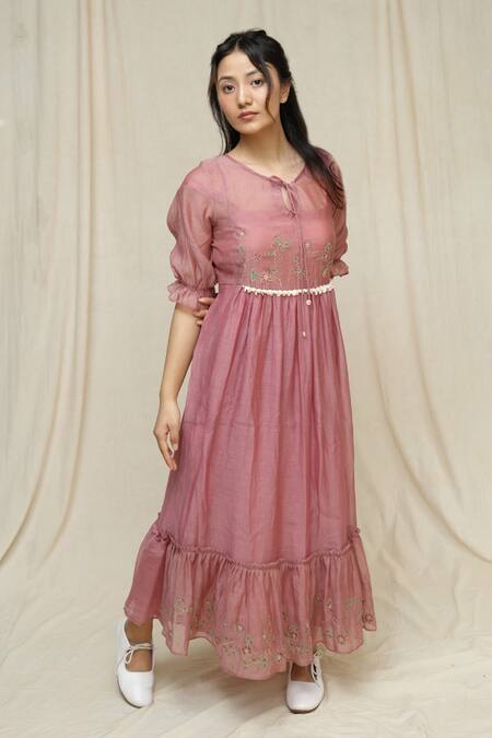 KKANYAAH_Pink Silk, , Handloom Embroidery Round Neck Thistle Thicked Dress _at_Aza_Fashions
