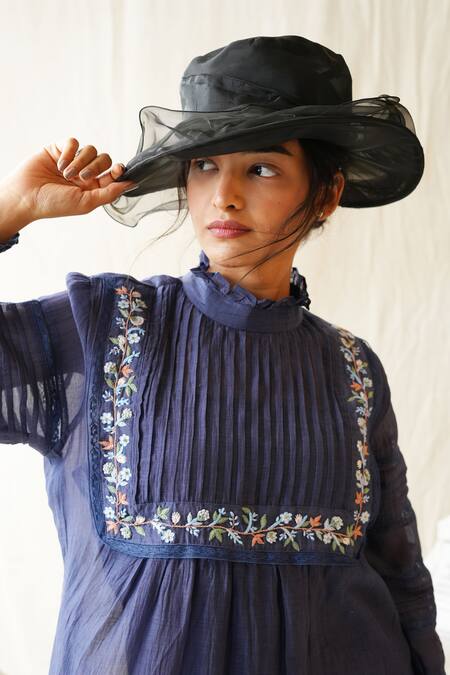 KKANYAAH_Blue Silk, Cotton Tassels Bandeau Neck Retro Royal Floral Embroidered Dress _Online_at_Aza_Fashions