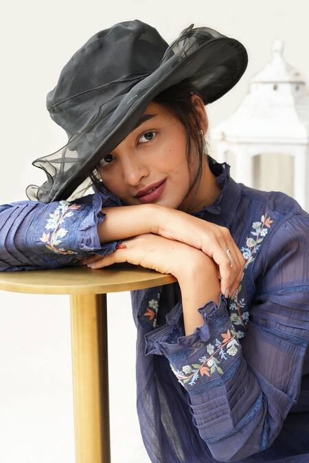 Buy_KKANYAAH_Blue Silk, Cotton Tassels Bandeau Neck Retro Royal Floral Embroidered Dress _Online_at_Aza_Fashions