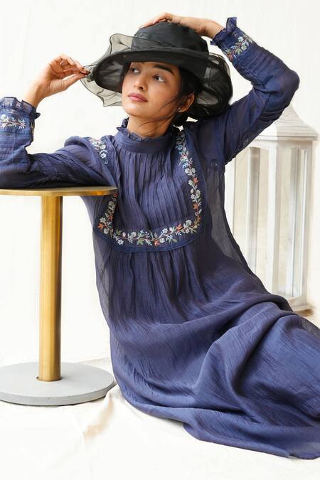 Shop_KKANYAAH_Blue Silk, Cotton Tassels Bandeau Neck Retro Royal Floral Embroidered Dress _Online_at_Aza_Fashions