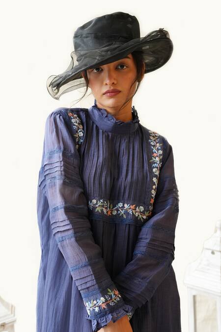 KKANYAAH_Blue Silk, Cotton Tassels Bandeau Neck Retro Royal Floral Embroidered Dress _at_Aza_Fashions