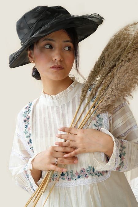 KKANYAAH_Off White Handloom Cotton Embroidery Bandeau Neck Retro Royal Floral Yoke Dress _Online_at_Aza_Fashions