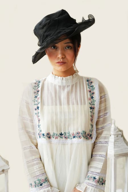 Buy_KKANYAAH_Off White Handloom Cotton Embroidery Bandeau Neck Retro Royal Floral Yoke Dress _Online_at_Aza_Fashions