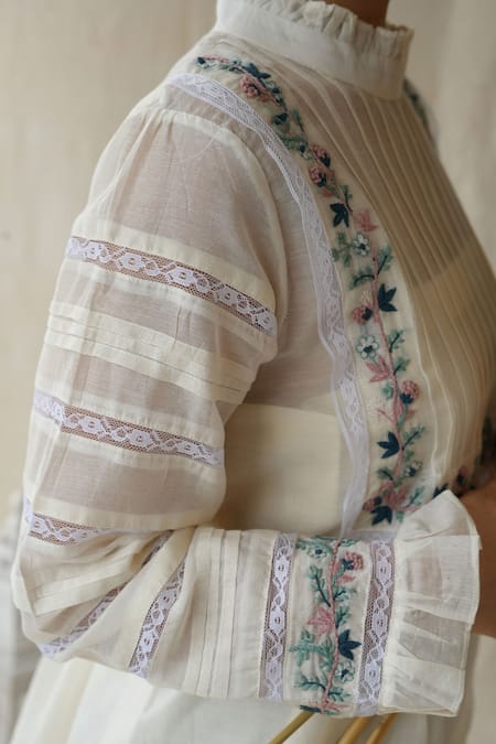 Shop_KKANYAAH_Off White Handloom Cotton Embroidery Bandeau Neck Retro Royal Floral Yoke Dress _Online_at_Aza_Fashions