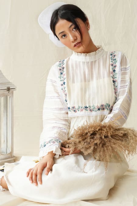 KKANYAAH_Off White Handloom Cotton Embroidery Bandeau Neck Retro Royal Floral Yoke Dress _at_Aza_Fashions