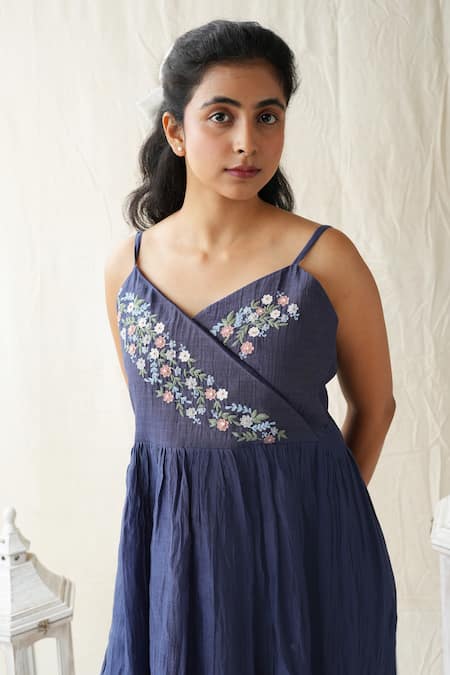 KKANYAAH_Blue , Silk, Handloom Tassels V-neck Retro Royal Slip Dress _Online_at_Aza_Fashions