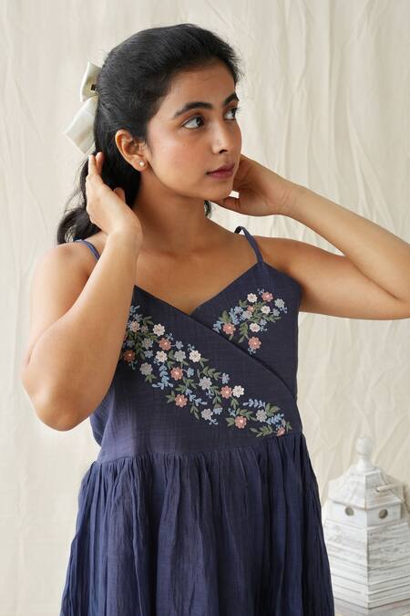 Buy_KKANYAAH_Blue , Silk, Handloom Tassels V-neck Retro Royal Slip Dress _Online_at_Aza_Fashions