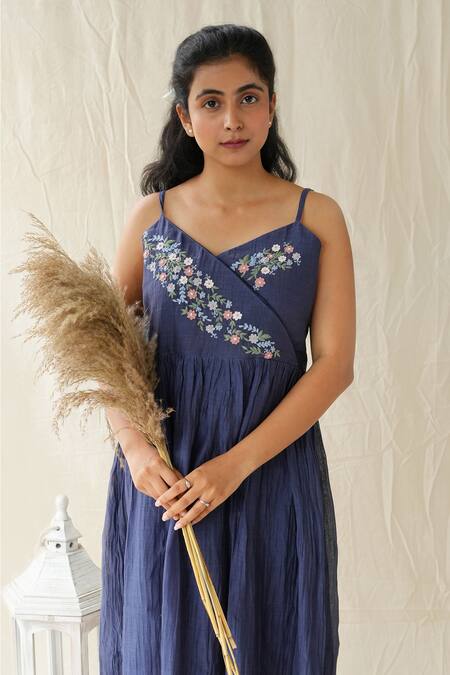 Shop_KKANYAAH_Blue , Silk, Handloom Tassels V-neck Retro Royal Slip Dress _Online_at_Aza_Fashions