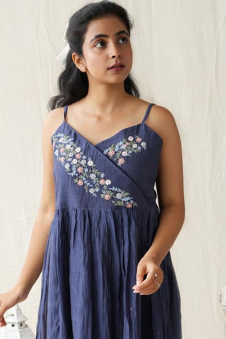 KKANYAAH_Blue , Silk, Handloom Tassels V-neck Retro Royal Slip Dress _at_Aza_Fashions