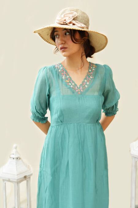 Buy_KKANYAAH_Green Silk, , Handloom Embroidery V-neck Retro Royal Dress _Online_at_Aza_Fashions