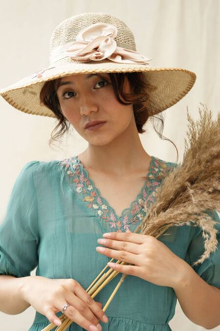 Shop_KKANYAAH_Green Silk, , Handloom Embroidery V-neck Retro Royal Dress _Online_at_Aza_Fashions