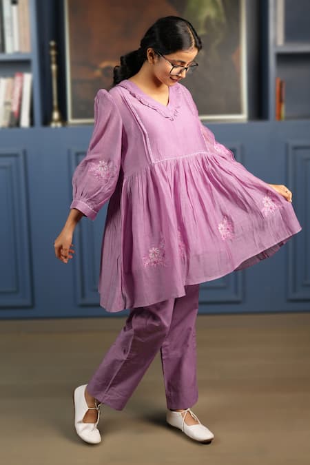 Shop_KKANYAAH_Purple Handloom , Silk, Applique, Patchwork Retro Royal Co-ord Set _Online_at_Aza_Fashions