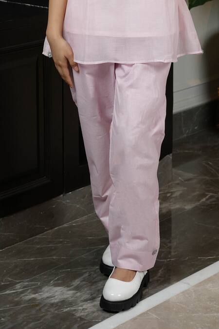 Buy_KKANYAAH_Pink Silk, Cotton Embroidery Collared Hand Blush Blosson Co-ord Set _Online_at_Aza_Fashions