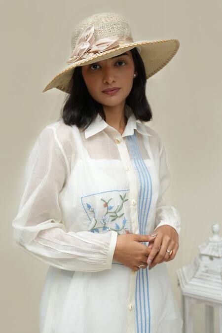 KKANYAAH_Off White Silk, Cotton Embroidery Collared Hand Retro Royal Shirt And Pant Set _Online_at_Aza_Fashions