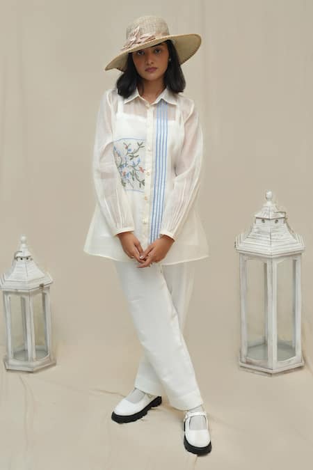 Buy_KKANYAAH_Off White Silk, Cotton Embroidery Collared Hand Retro Royal Shirt And Pant Set _Online_at_Aza_Fashions