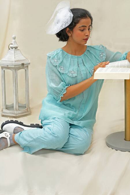 KKANYAAH_Blue Silk, Cotton Embroidery Round Neck Hand Retro Royal Co-ord Set _Online_at_Aza_Fashions