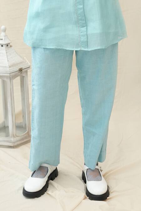 Buy_KKANYAAH_Blue Silk, Cotton Embroidery Round Neck Hand Retro Royal Co-ord Set _Online_at_Aza_Fashions