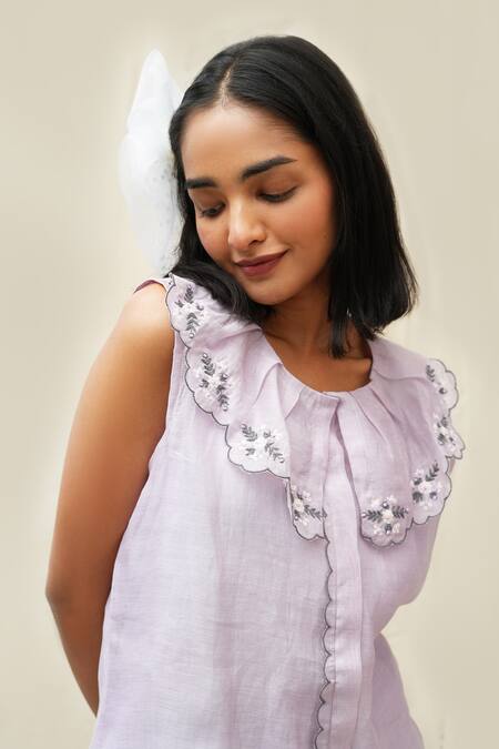 KKANYAAH_Purple Silk, Cotton Embroidery Round Neck Flower Hand Retro Royal Co-ord Set _Online_at_Aza_Fashions