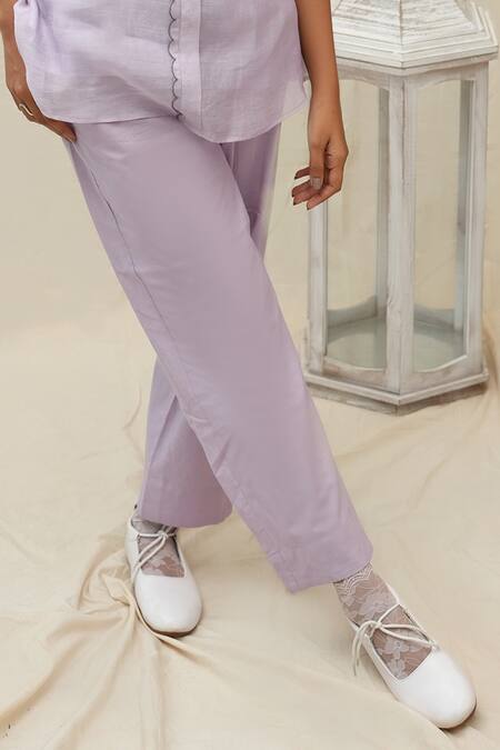 Buy_KKANYAAH_Purple Silk, Cotton Embroidery Round Neck Flower Hand Retro Royal Co-ord Set _Online_at_Aza_Fashions