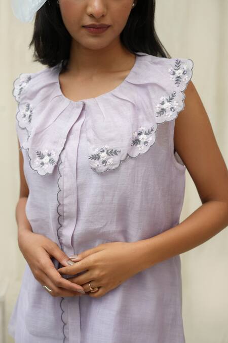 Shop_KKANYAAH_Purple Silk, Cotton Embroidery Round Neck Flower Hand Retro Royal Co-ord Set _Online_at_Aza_Fashions