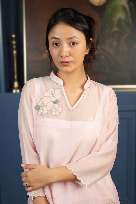 KKANYAAH_Pink Handloom , Silk, Applique Retro Royal Kurta And Pant Set _Online_at_Aza_Fashions