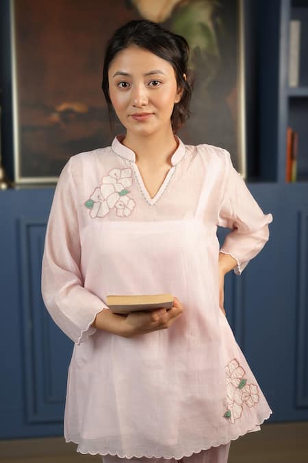 Buy_KKANYAAH_Pink Handloom , Silk, Applique Retro Royal Kurta And Pant Set _Online_at_Aza_Fashions