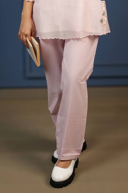 Shop_KKANYAAH_Pink Handloom , Silk, Applique Retro Royal Kurta And Pant Set _Online_at_Aza_Fashions