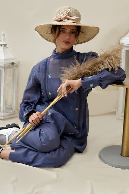 KKANYAAH Navy Blue Hand Embroidered Pant Set 