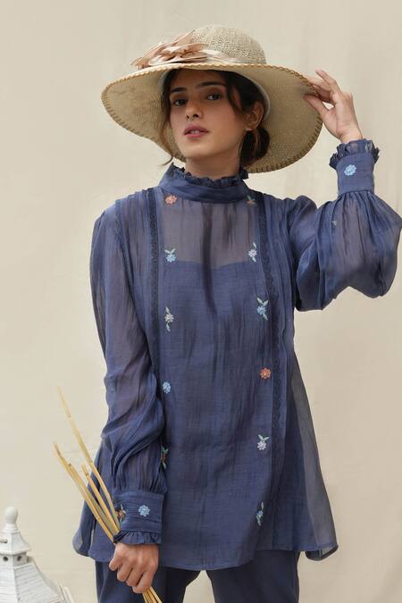 KKANYAAH_Blue Bandeau Neck Navy Hand Embroidered Pant Set _Online_at_Aza_Fashions