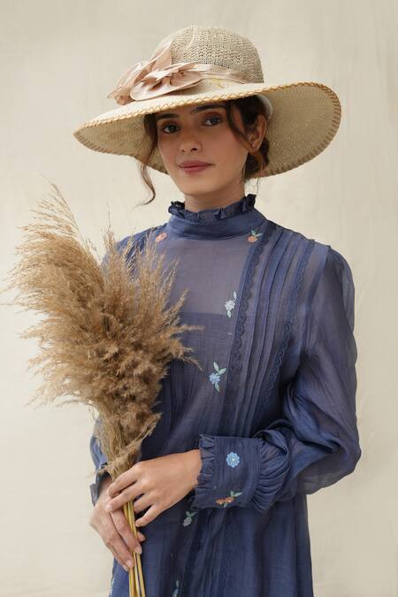 Buy_KKANYAAH_Blue Bandeau Neck Navy Hand Embroidered Pant Set _Online_at_Aza_Fashions