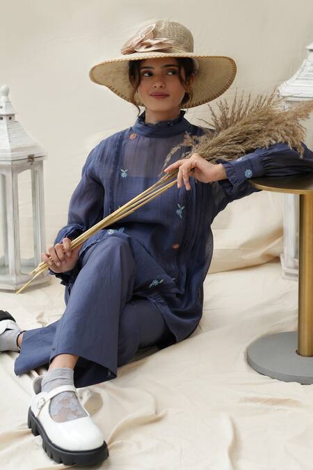 Shop_KKANYAAH_Blue Bandeau Neck Navy Hand Embroidered Pant Set _Online_at_Aza_Fashions