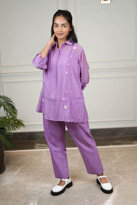 KKANYAAH Purple Kurta Handwoven Silk Hand Embroidered 3 D Flower Bloom Burst Co-ord Set 