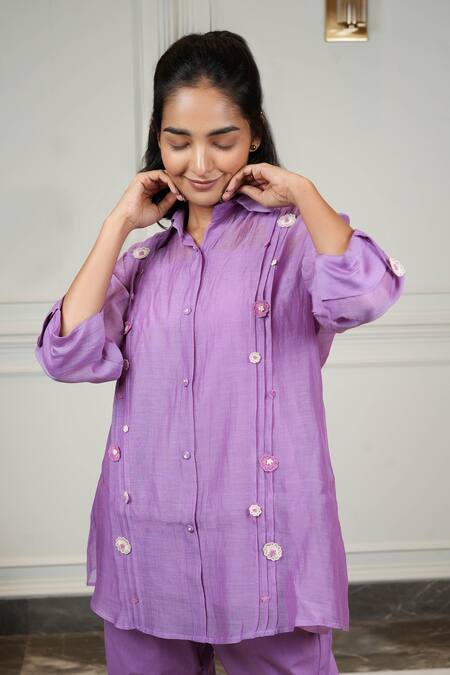 Buy_KKANYAAH_Purple Silk, Cotton Embroidery Collared 3 D Hand Bloom Burst Co-ord Set _Online_at_Aza_Fashions